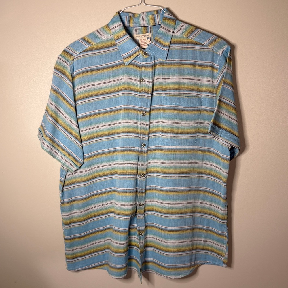 Carbon2Cobalt Mens Blue Striped Short Sleeve Button Down Top L Beachy 100%Cotton